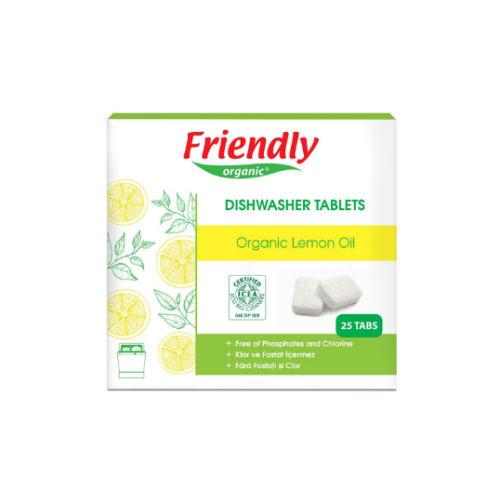 FRIENDLY ORGANIC fosfaadi ja kloorivabad nõudepesumasina tabletid orgaanilise sidruniõliga, 25 tk