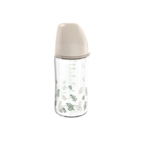 nip® Cherry Green laia kaelaga klaasist lutipudel, koolikutevastane ja aeglase vooluga Beige 0+, 240ml