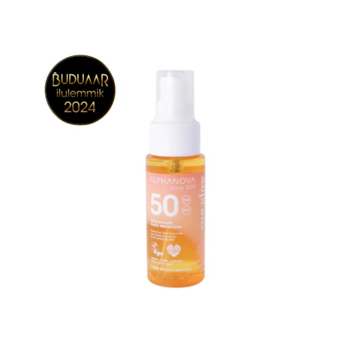 ALPHANOVA DAILY SUN SPF50 veekindel sprei päevitusõli vaarikaseemne ja jojobaõliga monoi lõhnaga, 50 ml